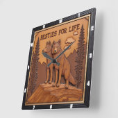 Engraved Wolf Pair Pine Forest Vierkante Klok (Hoek)
