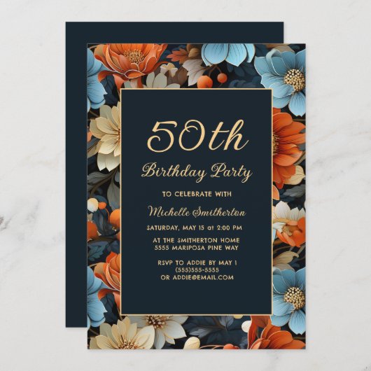 Enige leeftijd Blauw Sinaasappel Bloemen 50ste Ver Kaart (Voorkant / Achterkant)