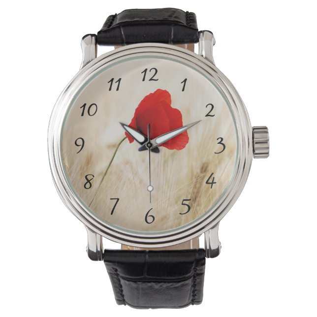 Enige Rode papaver in een grijs veld Horloge (Voorkant)