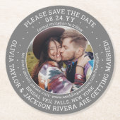 Enige Tekst Bruiloft Bewaar de Datum Foto Grijs & Ronde Kartonnen Onderzetter (Voorkant)