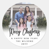 Enige Tekst Modern Script Kerstmis Foto Zwart Wit Ronde Sticker (Voorkant)
