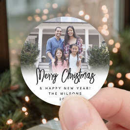 Enige Tekst Modern Script Kerstmis Foto Zwart Wit Ronde Sticker