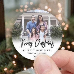 Enige Tekst Modern Script Kerstmis Foto Zwart Wit Ronde Sticker