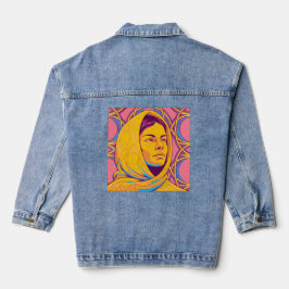 Enigmatic Brazilian Woman in Vibrant Pop Art Denim Jacket