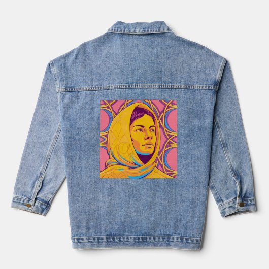 Enigmatic Brazilian Woman in Vibrant Pop Art Denim Jacket (Achterkant)