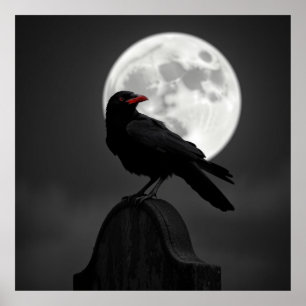 Enigmatic Raven & Full Moon – Mystieke houtskoolku Poster