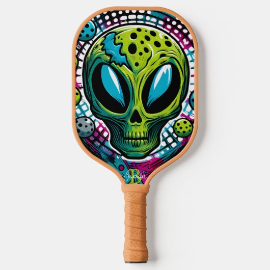 Enigmatisch buitenaards: Groen buitenaards hoofd Pickleball Paddle (Voorkant)