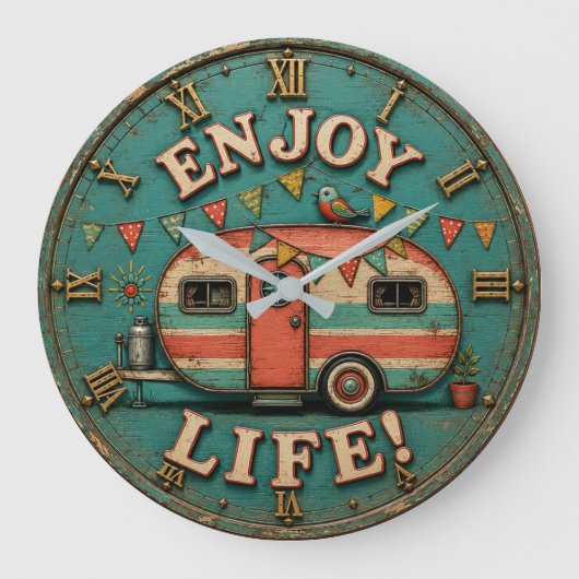 Enjoy Life Camper Rustic Trailer Gift for Campers Grote Klok (Voorkant)