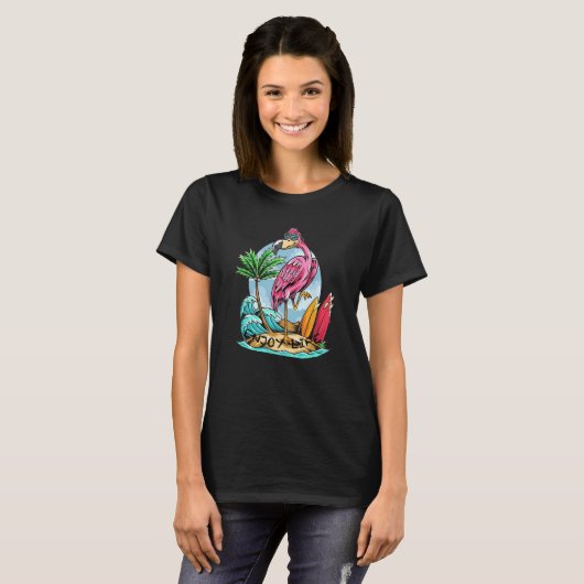 Enjoy Life Flamingo Surf Summer Waves Surfboard Su T-shirt (Voorkant volledig)