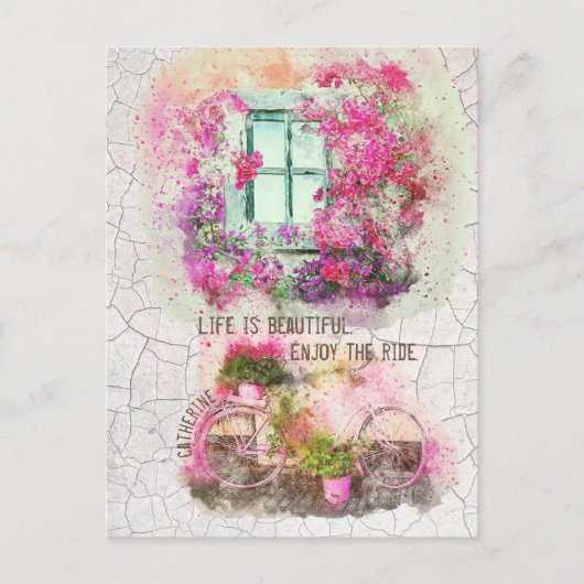 Enjoy The Ride Watercolor Bicycle With Flowers Briefkaart (Voorkant)