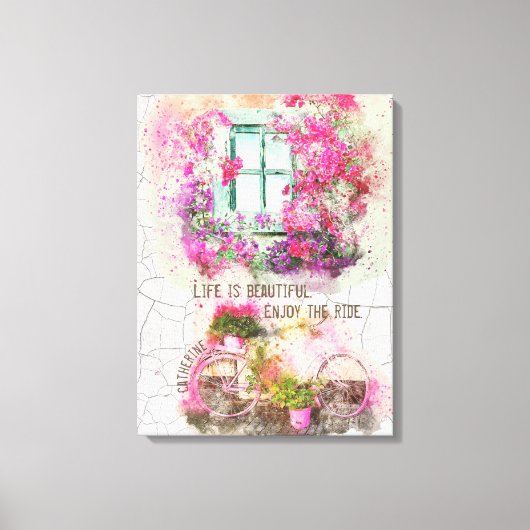 Enjoy The Ride Watercolor Bicycle With Flowers Canvas Afdruk (Voorkant)