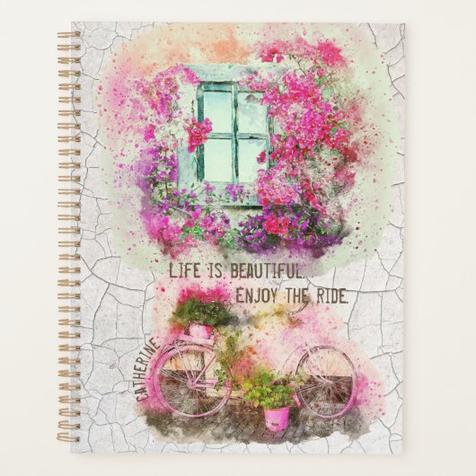Enjoy The Ride Watercolor Bicycle With Flowers Planner (Voorkant)