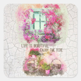 Enjoy The Ride Watercolor Bicycle With Flowers Vierkante Sticker
