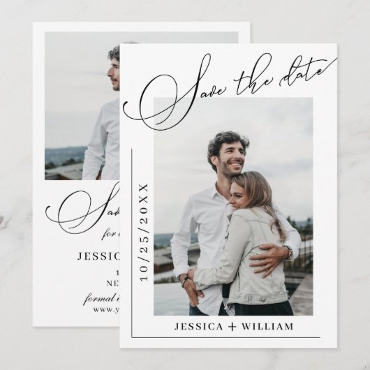 Enkel Elegant Calligraphy Wedding 2 Foto  Save The Date (Voorkant / Achterkant)