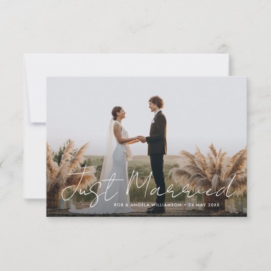 Enkel getrouwde thin script trouwaankondiging bedankkaart (Voorkant)