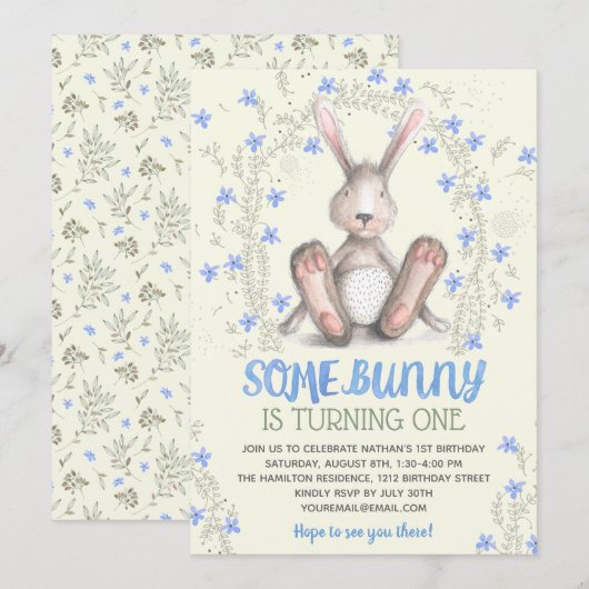 Enkele Bunny Boys 1st Birthday Party Kaart (Voorkant / Achterkant)