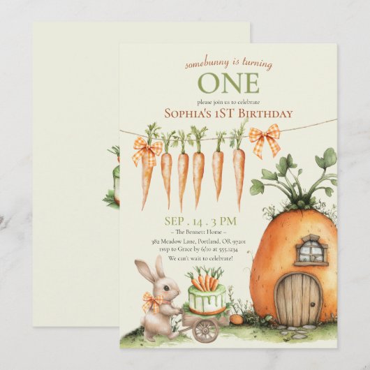 Enkele Bunny Carrot 1e Verjaardag Waterverf Kaart (Voorkant / Achterkant)