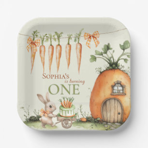 Enkele Bunny Carrot 1e Verjaardag Waterverf Papieren Bordje