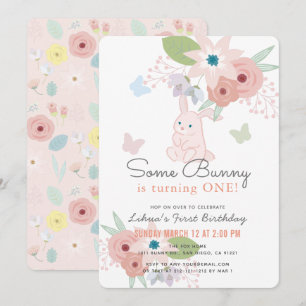 Enkele Bunny Floral Butterfly Pink 1e verjaardag Kaart