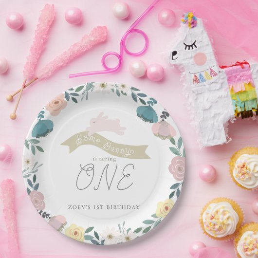 Enkele Bunny Floral Garden 1st Birthday White Papieren Bordje (Feest)