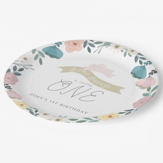 Enkele Bunny Floral Garden 1st Birthday White Papieren Bordje (Gekanteld)