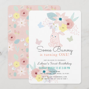 Enkele Bunny Pink Floral Butterfly 1st Birthday Kaart