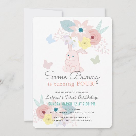 Enkele Bunny Roze Bloemen Vlinder Meisje Verjaarda Kaart (Voorkant)