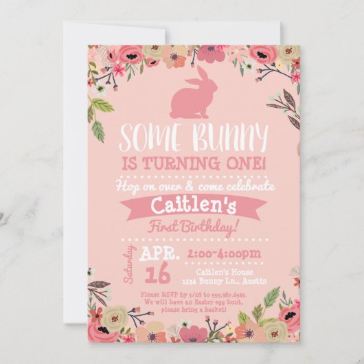 Enkele Bunny Verjaardag Pasen Uitnodiging Pink (Voorkant)