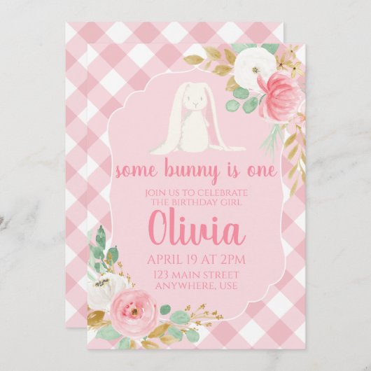 Enkele Bunny Verjaardag Uitnodiging Bloemen en Roz (Voorkant / Achterkant)