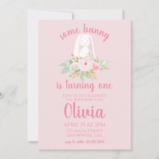 Enkele Bunny Verjaardag Uitnodiging Bloemen en Roz (Voorkant)