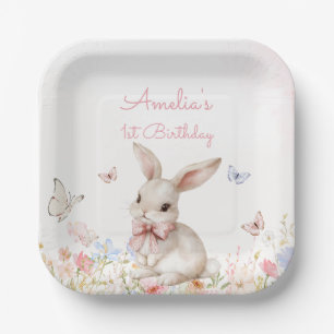 Enkele Bunny Wildflower Verjaardagspapier Borden Papieren Bordje