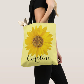 Enkele gele zonnebloem aangepaste naam tote bag