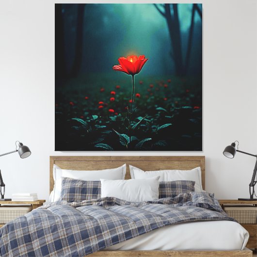 Enkele gloeiende rode bloem kunst canvas afdruk (Insitu (Slaapkamer))