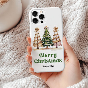 Enkele kerstboom watercolor luipaardpatroon iPhone 15 mini hoesje