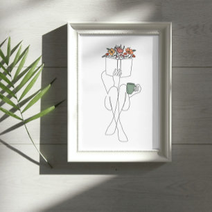 Enkele lijn kunst van een boekenachtig meisje leze poster