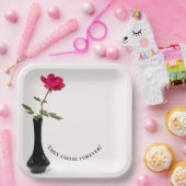 enkele rode roos in zwarte vaas papieren bordje (Feest)