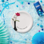 enkele rode roos in zwarte vaas papieren bordje (Feest)