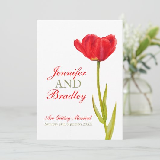 Enkele rode tulp art wit groen bruiloft kaart (Staand voorkant)