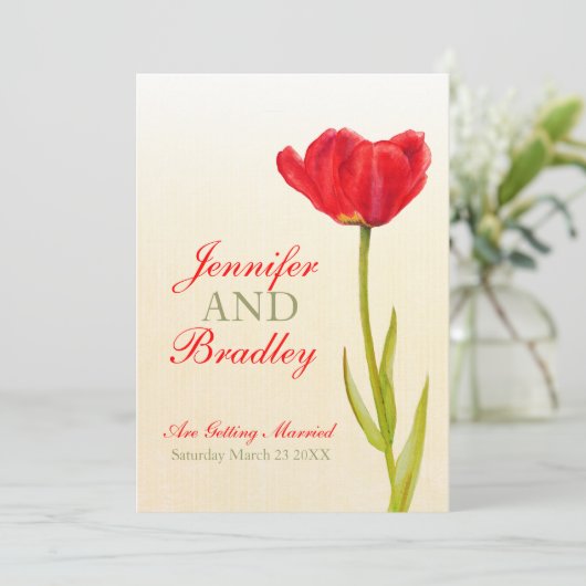 Enkele rode tulp kunst bruiloft uitnodiging (Staand voorkant)