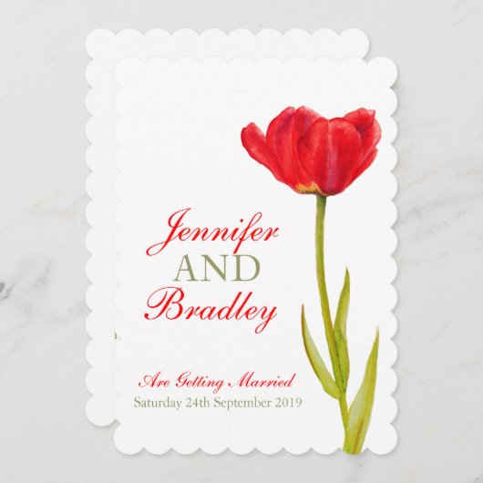 Enkele rode tulp kunst witte bruiloft uitnodiging (Voorkant / Achterkant)