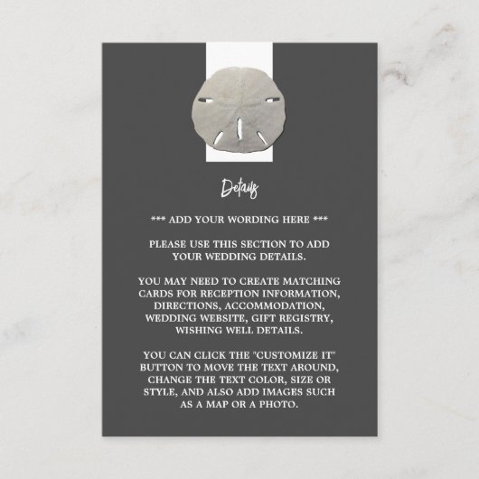 Enkele Zanddollar - Houtskoolgrijs - Trouwdetail Informatiekaartje (Voorkant)