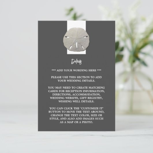 Enkele Zanddollar - Houtskoolgrijs - Trouwdetail Informatiekaartje (Staand voorkant)