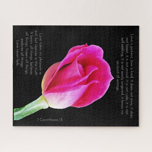 Enkelroze rozenbloem op zwart, Corinthians Verse Legpuzzel (Horizontaal)