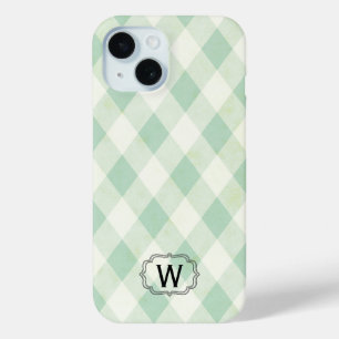 Enkelvoudig monogram op Mint en Groen Gingham iPhone 15 Case