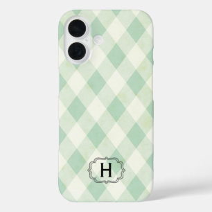 Enkelvoudig monogram op Mint en Groen Gingham iPhone 16 Hoesje