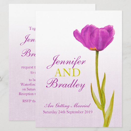 Enkelvoudige paarse tulpkunst grote trouwuitnodigi kaart (Voorkant / Achterkant)