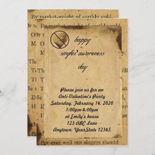 Enkelvoudige uitnodiging van anti-Valentijn partij (Voorkant / Achterkant)