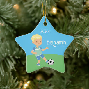 Enkelzijdig blond voetbal jongen keramisch ornament