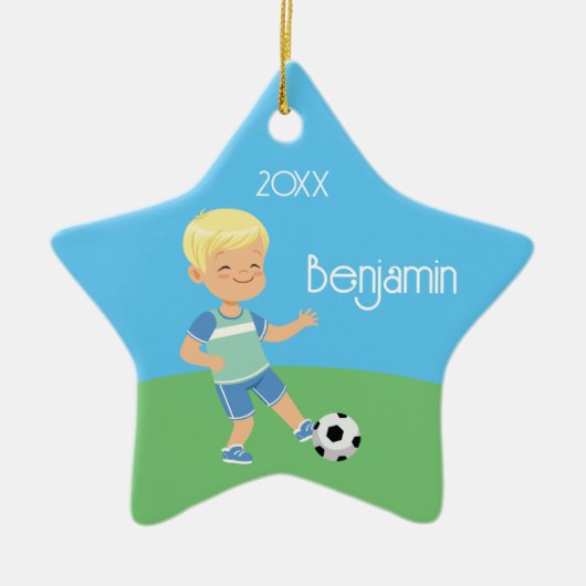 Enkelzijdig blond voetbal jongen keramisch ornament (Voorkant)