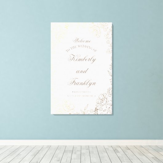 Enorme bloemengouden bruiloft welkomstbord canvas afdruk (Insitu (Houten vloer))